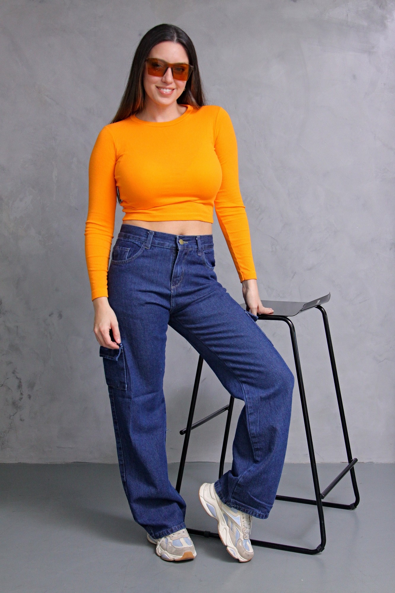 Wide Leg Azul Stone Cargo,  con Bolsillo Delantero - Imagen 5