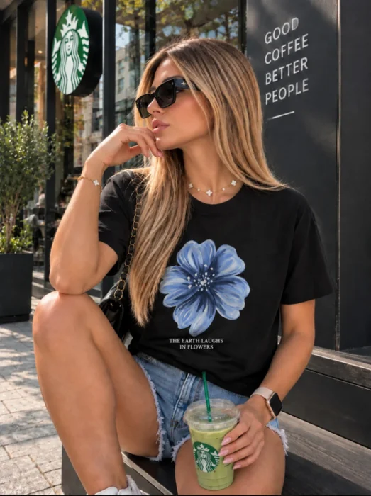 Remera Flores Azul Algodón
