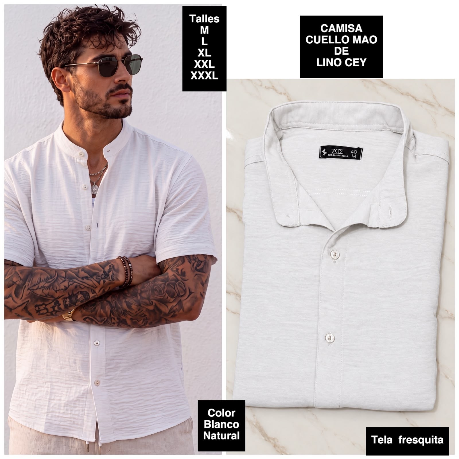 Camisa Manga Corta Cuello Mao  de Lino Cey - Imagen 2