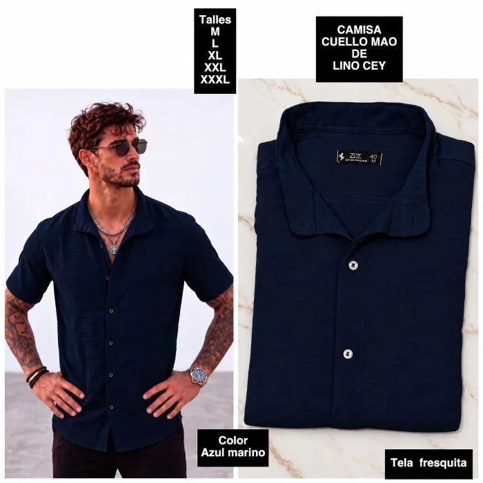 Camisa Manga Corta Cuello Mao  de Lino Cey