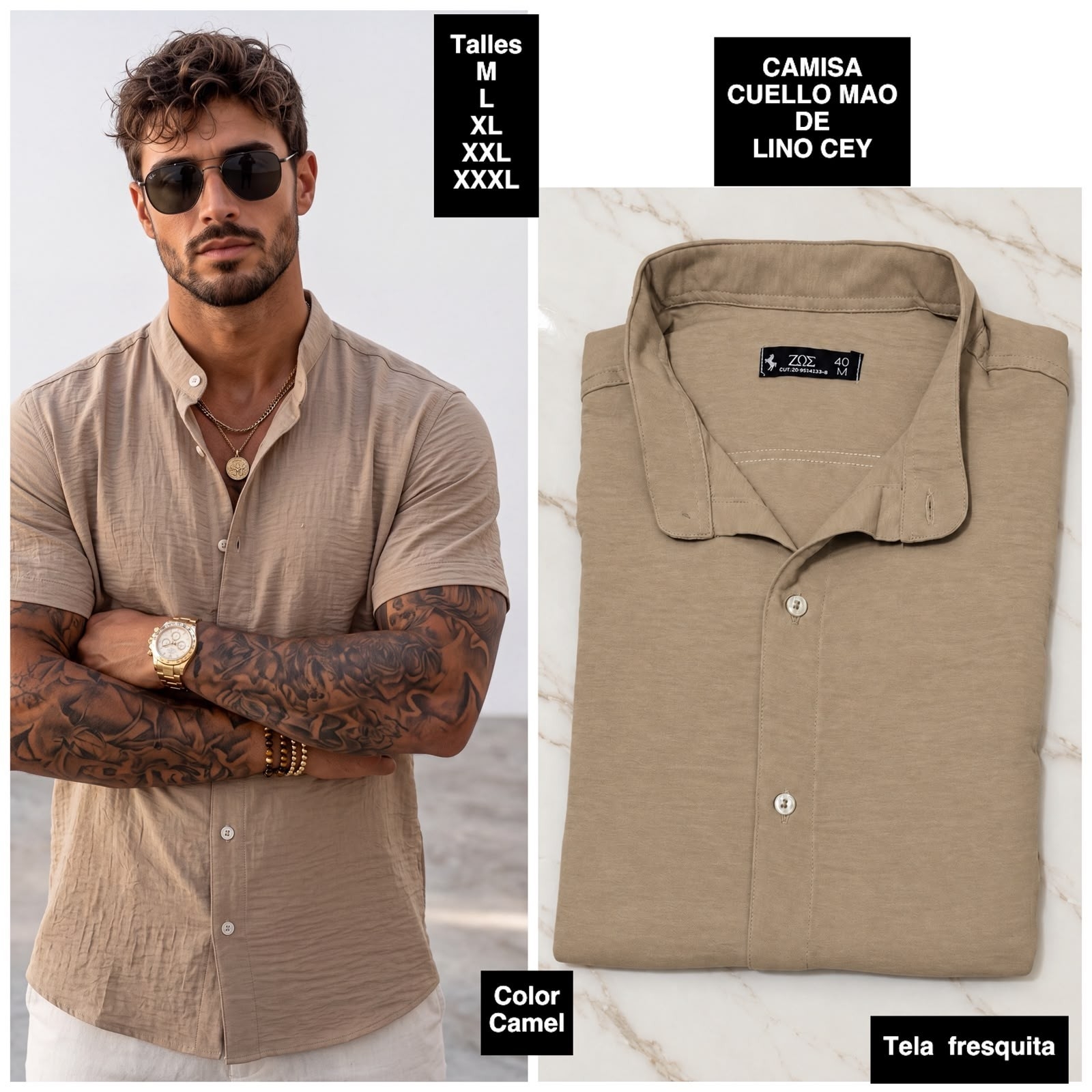 Camisa Manga Corta Cuello Mao  de Lino Cey - Imagen 4