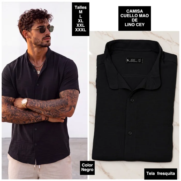 Camisa Manga Corta Cuello Mao  de Lino Cey