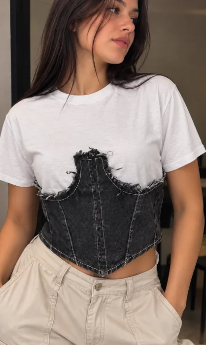 Remera de Algodón Peinado con Corset de Jean