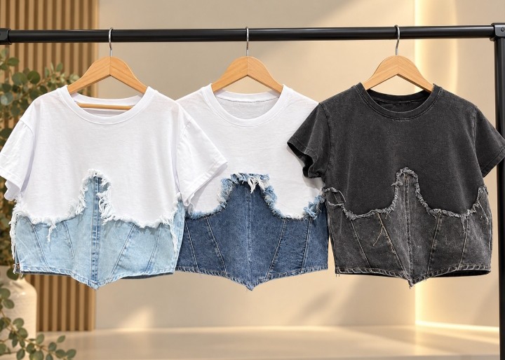 Remera de Algodón Peinado con Corset de Jean - Imagen 2