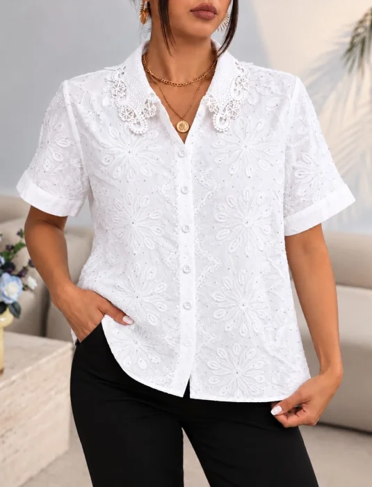 Camisa Auralis Curve del 2 Xl al 5 Xl Broderie con Strass y Relieve