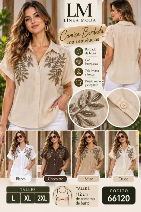 Camisa de Lino Bordado con Detalles en Lentejuelas. 66120