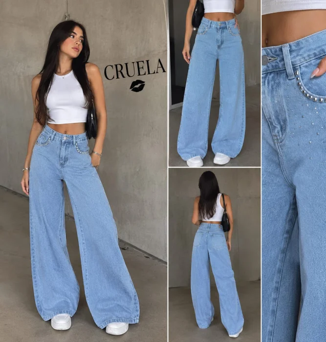 Wide Leg Celeste con Brillo