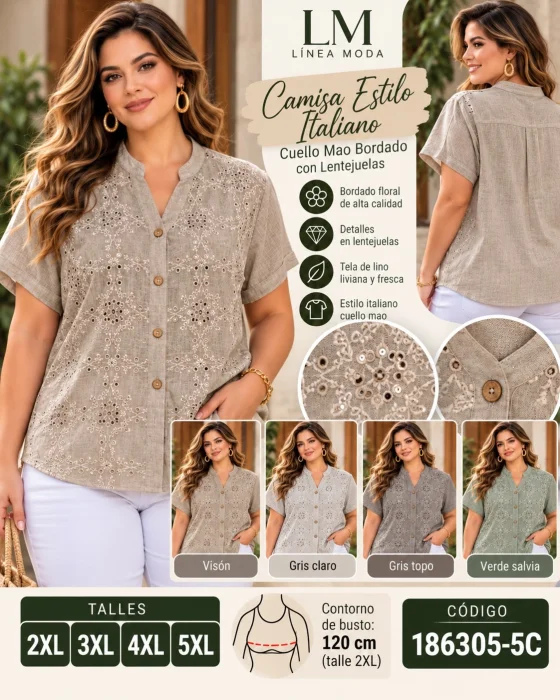 Camisa Talle Especial Cuello Mao, Bordado y Detalles en Lentejuela. 186305-5c