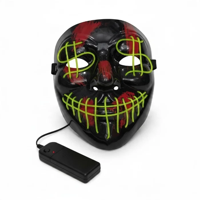 Máscara Rígida con Led Payaso Asesino Dólar, Mide 17cm X 20cm Aproximado, Halloween