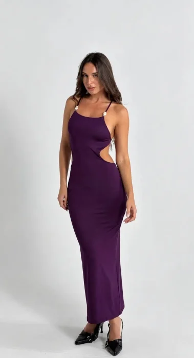 Vestido Largo de Microfibra con Broche