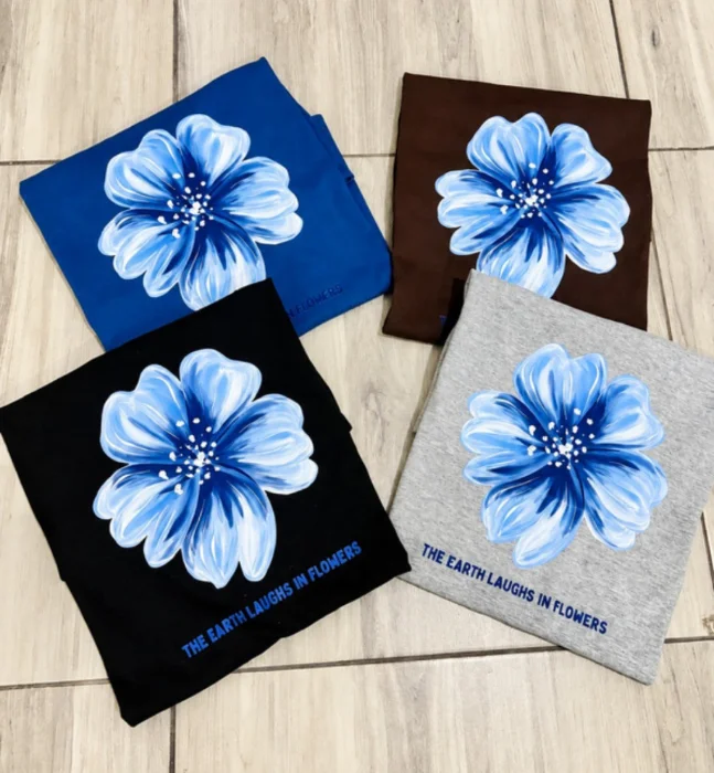 Remera Flores Azul Algodón