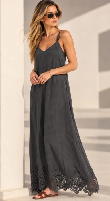 Vestido Lino con Encaje Importado