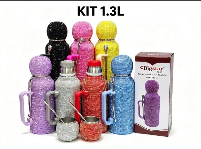 Kit Termo con Brillo 1.3 Litros + Mate + Bombilla
