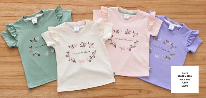 Remera Beba Nena Alg. Pima Peinado Estampa Flores y Pajarito