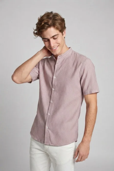 Camisas de Lino Rayado Cuello Mao