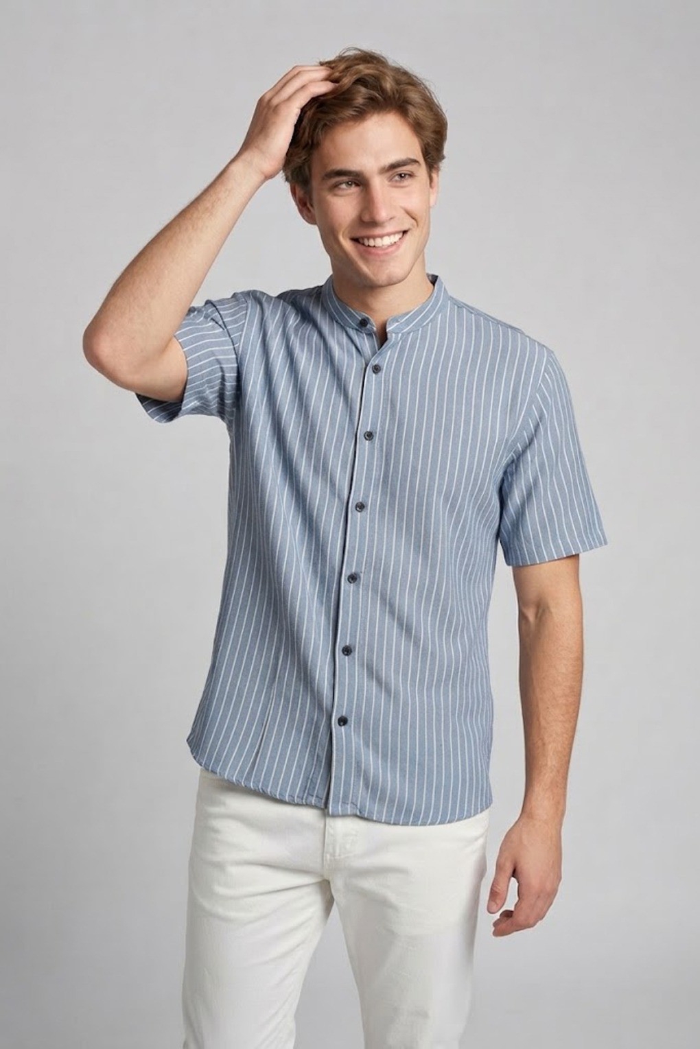 Camisas de Lino Rayado Cuello Mao - Imagen 2