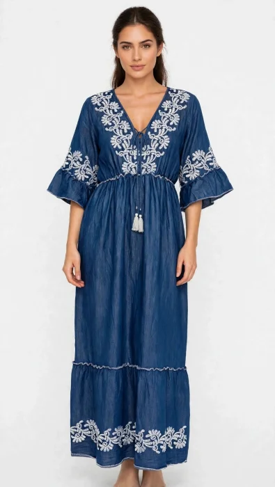 Vestido Boho  Tipo Jean Bordado Indu