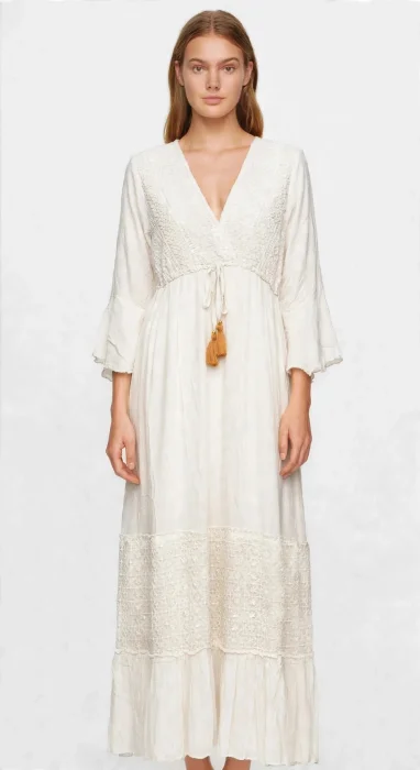 Vestido Blanco Crudo Boho Bordado de Fiesta Playa  Indu