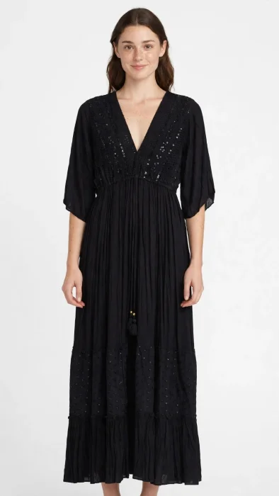 Vestido Negro Boho Bordado Fiesta Indu