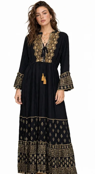 Vestido Negro  Boho Bordado Indu Fiesta