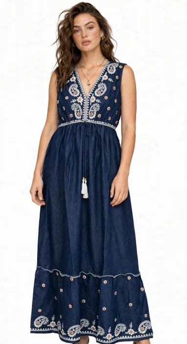 Vestido Bordado Tipo Jean Boho