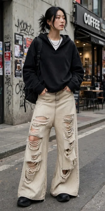 Mega Wide Beige Nevado con Roturas Tiro Caido Tela Rigida Premium