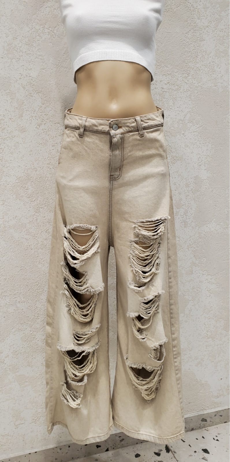 Mega Wide Beige Nevado con Roturas Tiro Caido Tela Rigida Premium - Imagen 2