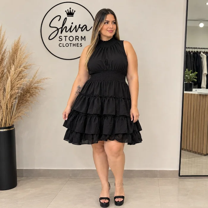 Vestido Corto Liso con Volados