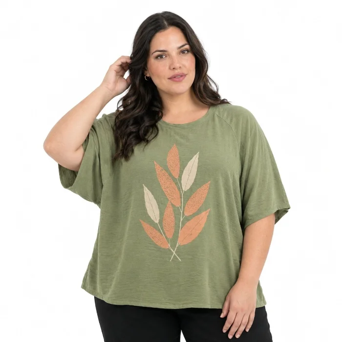 Blusa de Cey Raglan Hojas con Tajos Laterales