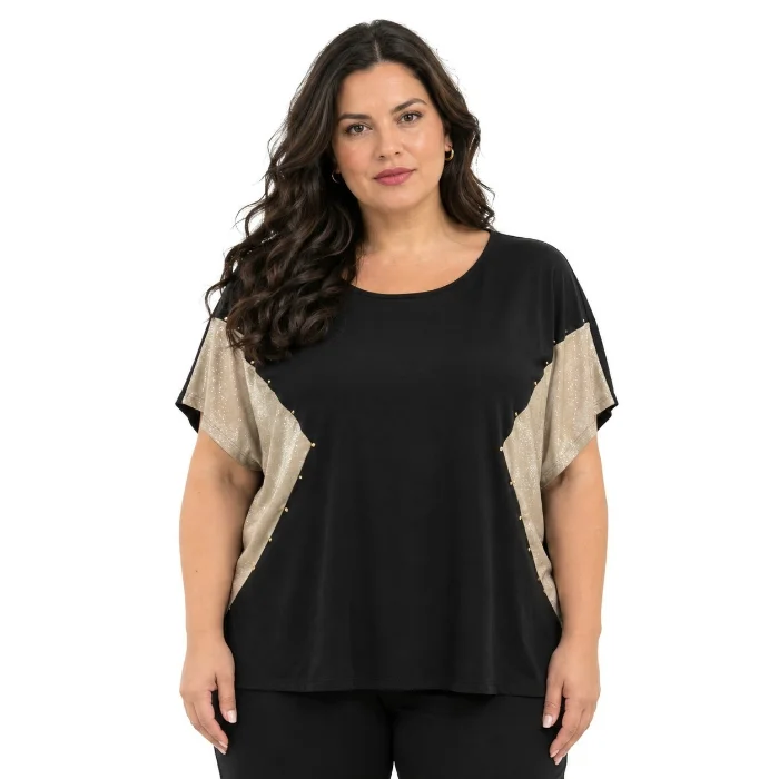 Remera de Viscosa Combi Lurex con Tachas y Tajo Inferior Atrás