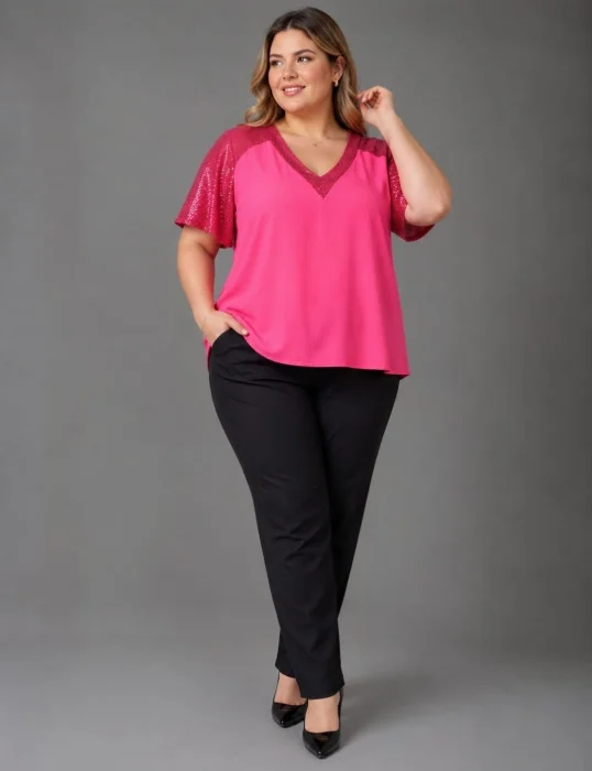 Blusa Cuello V Combinada con Brillo