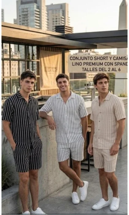 Conjunto Short y Camisa de Lino Rayado con Spandex Premium Talle del 2 al 6