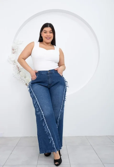 Wide Leg Ston Azul Recorte Fleco