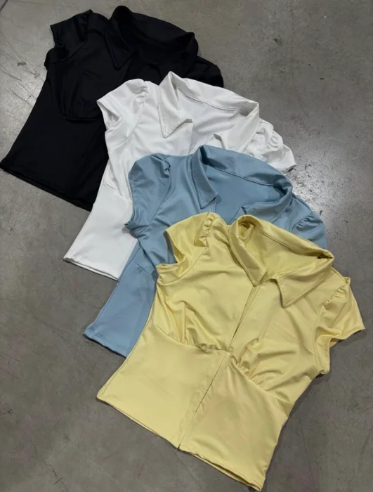 Camisa Manga Corta con Frunce Algodón con Lycra