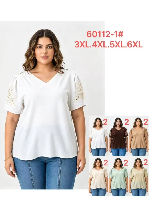 Blusa de Cuello V de Lino Bordado en la Manguita