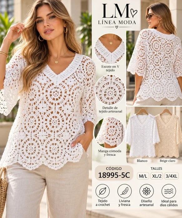 Blusa Cuello V Tejido a Crochet. 18995