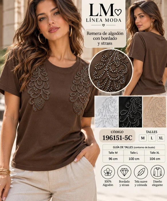 Remera de Algon con Poliester, Detalles en Strass.6151