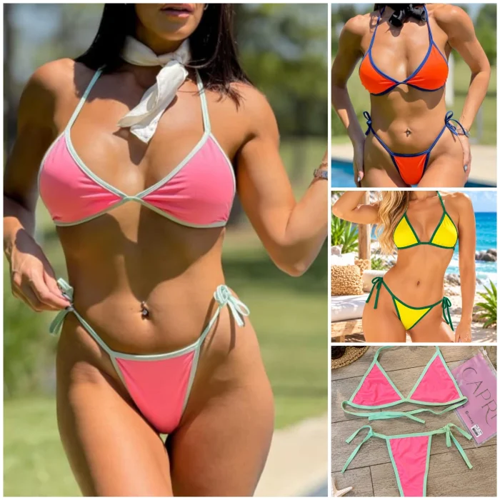 (art:45)bikini Triangulo Tricolor Conjuto 2 Piezas C/less para Atar