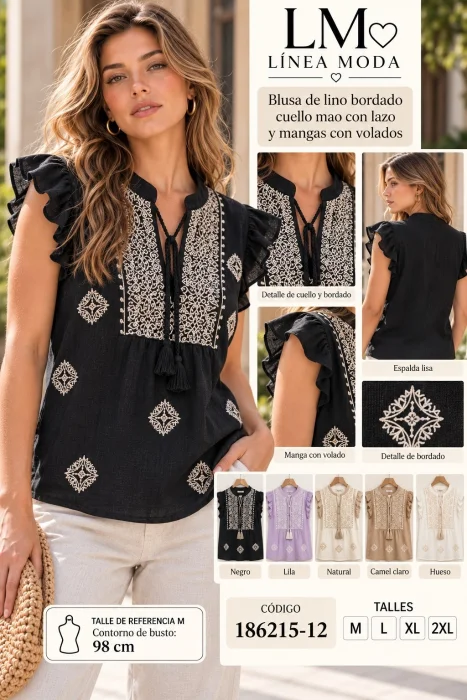 Blusa de Lino Cuello Mao, Bordado.6215