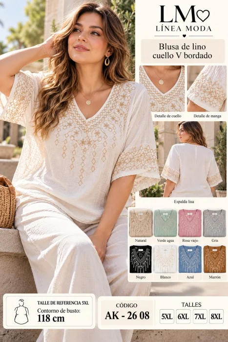 Blusa de Lino Cuello V, Bordaso Talle Especial 2608