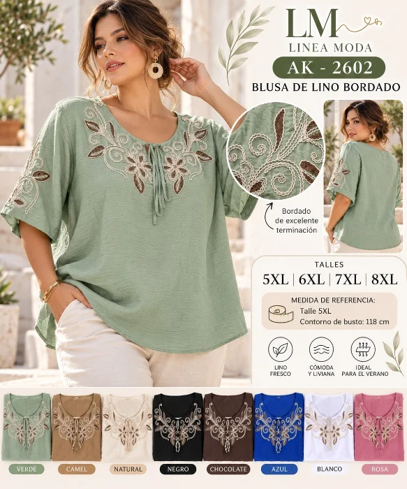 Blusa de Lino Talle Especial Bordada. 2602