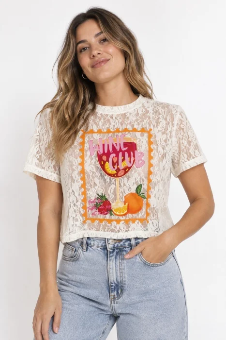 Remera Crop Encaje Estampado