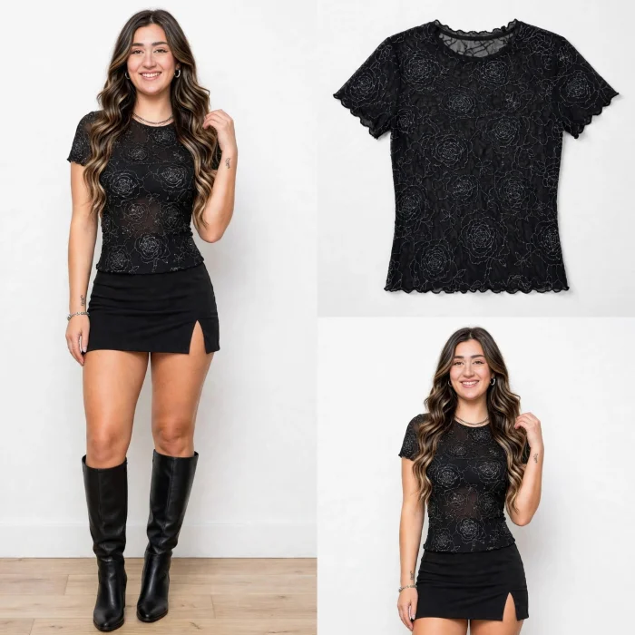 Remera de Tull con Diseño Rosas