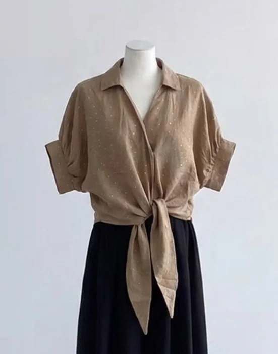 Camisa con Nudo Strass Corta Cintura Importada