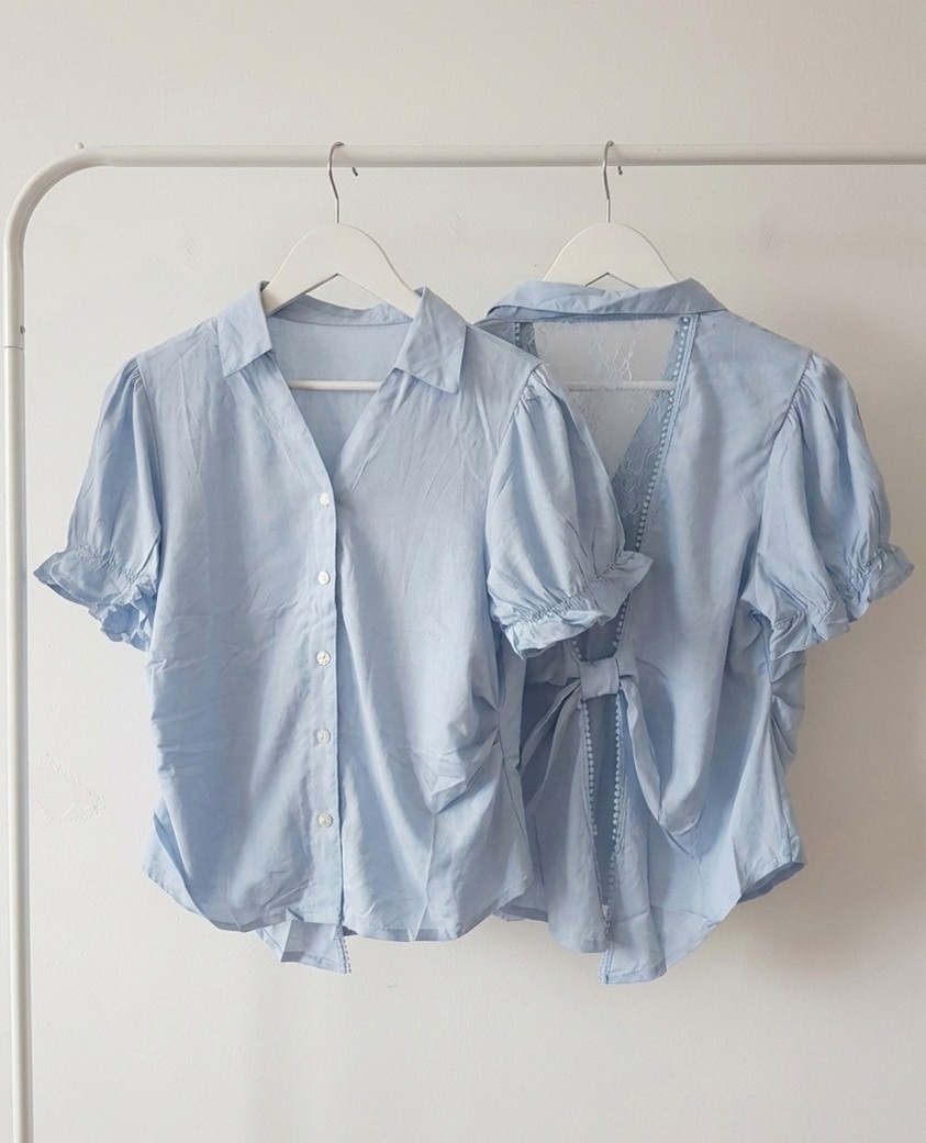 Blusa Manga Corta Espalda Encaje Moño Importada - Imagen 3