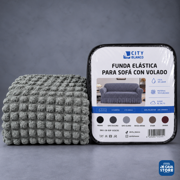 Funda para Sofá 3 Gris Claro Cuerpos Premium con Volados | Elástica y Protectora - 8.png