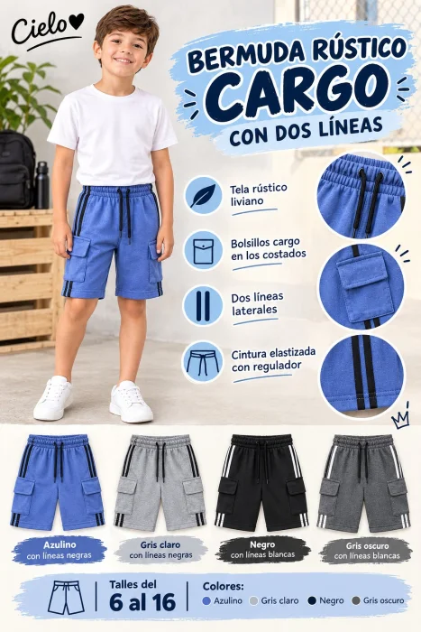 Bermuda Rústico Cargo con Dos Lineas