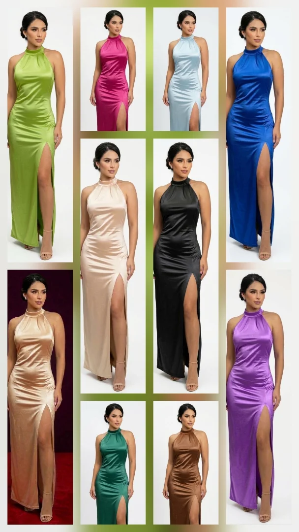 Vestido Largo Regulable con Cuello Halter Alto y Tajo en la Pierna - Imagen 2