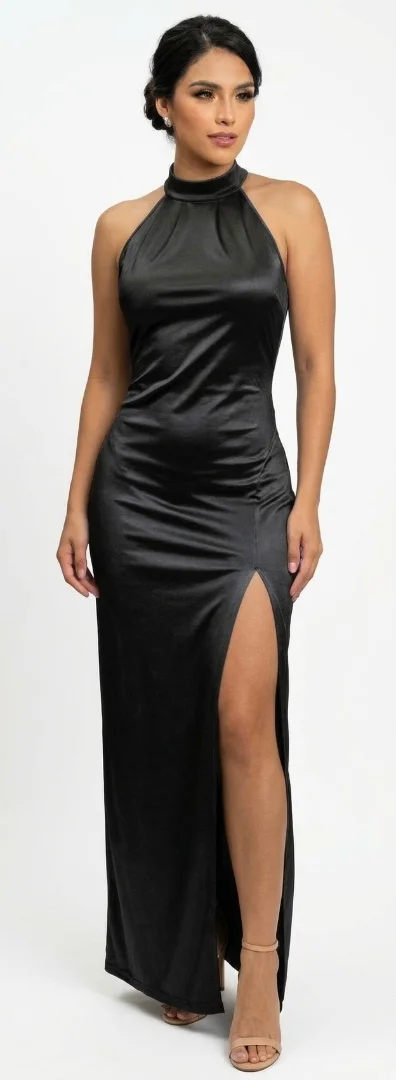 Vestido Largo Regulable con Cuello Halter Alto y Tajo en la Pierna - Imagen 3