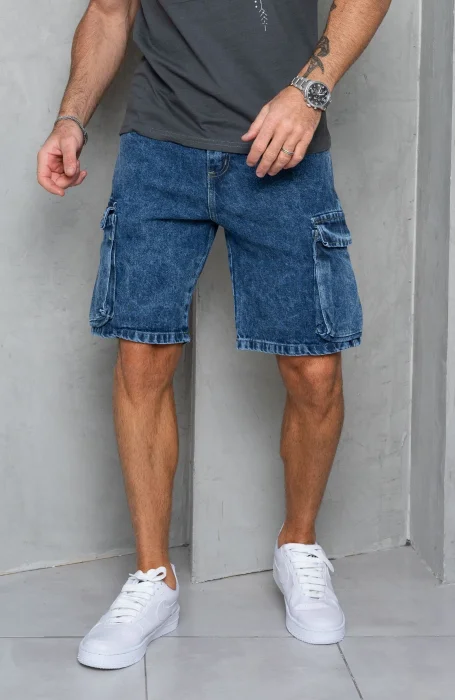 Bermudas Jeans Mom Cargo  Embolsado Azul Nevado